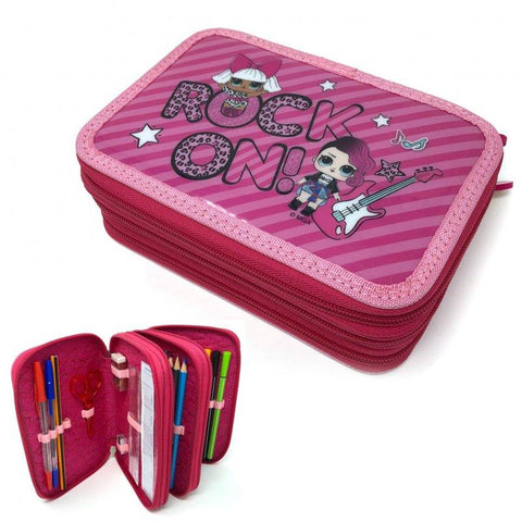 LOL Surprise 3 Tier Zipper Pencil Case Girls School 45 PCS Filled Rock on!